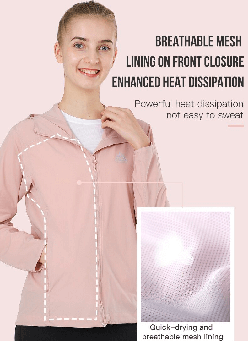 Woman in waterproof sports jacket with hood and breathable mesh lining, perfect for running and outdoor activities, SF0897.